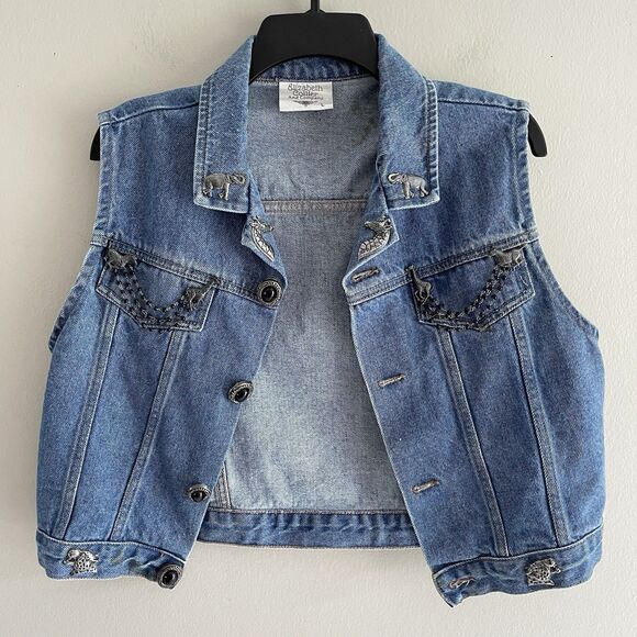 Vintage Sleeveless Jean Jacket Size L Vest Animals Pins Blue Denim 80s Music - Picture 2 of 13